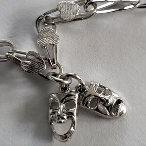 Vintage Sterling Silver Heart Link Chain Bracelet, with Theatre Mask Charms.
